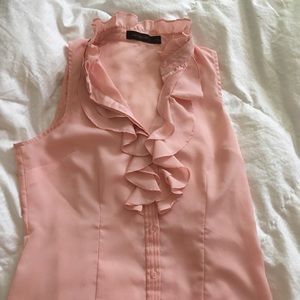 No sleeve pink ruffle button-up blouse